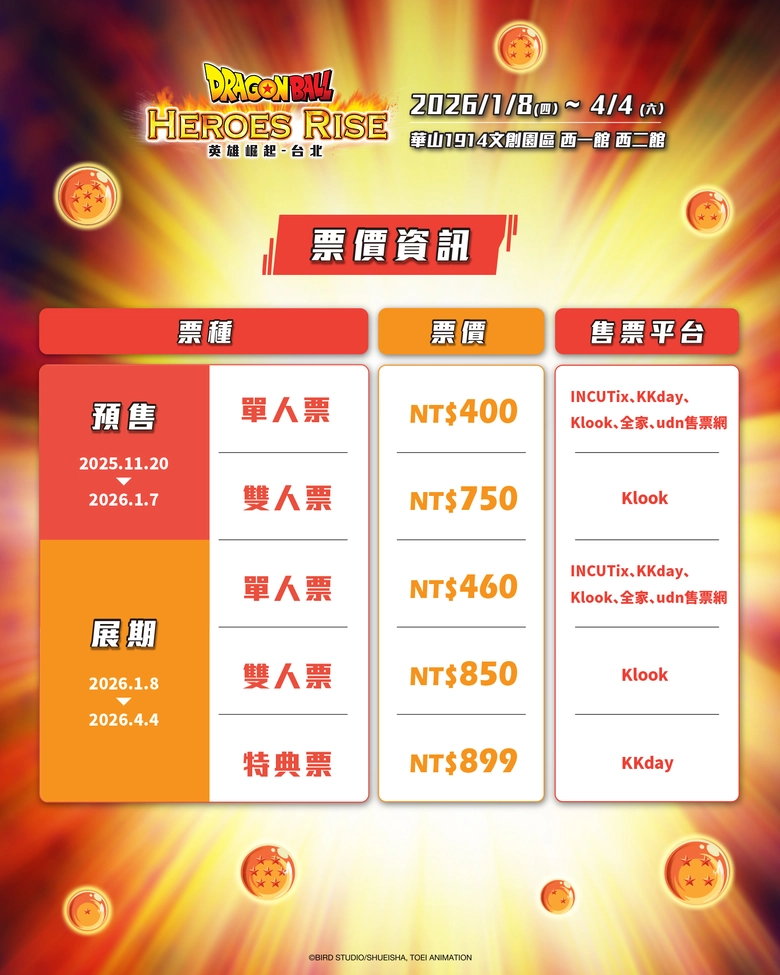 「七龍珠 英雄崛起 台北」特展 將於2026年1月8日起於華山文創舉辦 2 2026dragonballhuashan1914prologueticket01